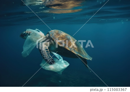 Sea turtles in crisis. Plastic harms aquatic animals" Picture of a sea turtle stuck in plastic. Shows the effects of ocean pollution. Undersea animals. 115083367