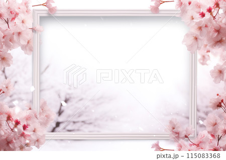 A delicate pink cherry blossom branch in full bloom forms a beautiful border against a spring background. Flower frame. 115083368