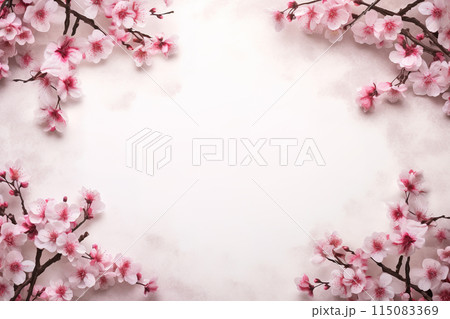 A delicate pink cherry blossom branch in full bloom forms a beautiful border against a spring background. Flower frame. 115083369