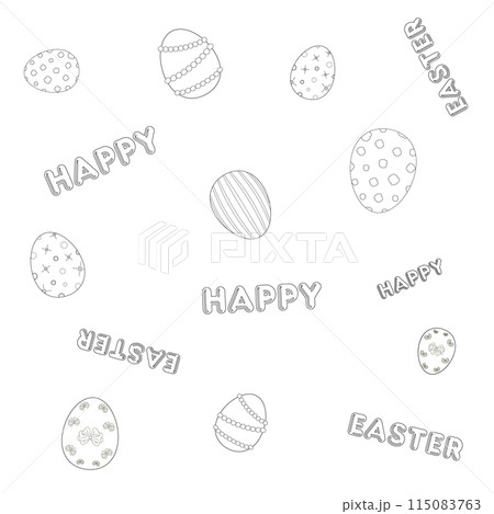 Black and white seamless pattern with decorative Easter eggs featuring various designs, and - Happy Easter - text. Perfect for coloring page, wrapping paper and festive projects. Black and white seamless pattern with decorative Easter eggs featuring various designs, and - Happy Easter - text. Perfect for coloring page, wrapping paper and festive projects. 115083763