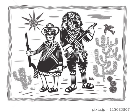 Lampiao and Maria Bonita. Bandits, folk heroes of Brazil. Brazilian cordel style. Northeast woodcut style 115083807