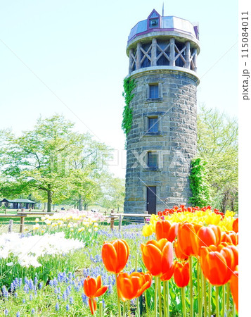 北海道の風景 百合が原公園のサイロとチューリップ畑 115084011