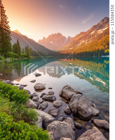 View of a lake and mountain range at sunset 115084350