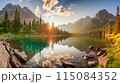 View of a lake and mountain range at sunset 115084352