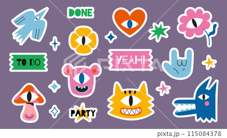Set of trendy stickers for planner with white outline, cutting line, vector flat illustration. Funny cartoon characters such as heart, flower, bird, tiger, mushroom and wolf. Cute retro sticker pack 115084378