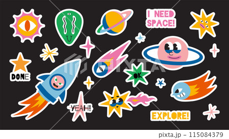 Set of trendy stickers for planner with white outline and cutting line, vector flat illustration. Space elements like rocket, planet, comet, star, sun and alien. Cute cartoon sticker pack Set of trendy stickers for planner with white outline and cutting line, vector flat illustration. Space elements like rocket, planet, comet, star, sun and alien. Cute cartoon sticker pack 115084379