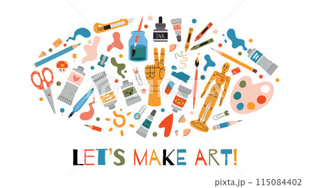 Oval composition with cute Art tools and stationery. Bundle with Artistic supplies like wooden mannequin, paints and crayons. Trendy modern vector illustration, hand drawn, flat design Oval composition with cute Art tools and stationery. Bundle with Artistic supplies like wooden mannequin, paints and crayons. Trendy modern vector illustration, hand drawn, flat design 115084402