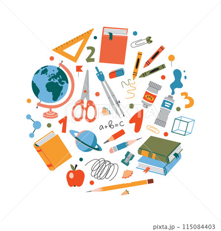 Round composition with ute school stationery and Art Supplies. Bundle with student stuff like a globe, books, scissors, paints and crayons. Trendy vector illustration, hand drawn, flat design Round composition with ute school stationery and Art Supplies. Bundle with student stuff like a globe, books, scissors, paints and crayons. Trendy vector illustration, hand drawn, flat design 115084403