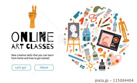 Online art classes web banner, Digital internet tutorials and creative courses, e-learning. Distance education concept. Artistic supplies, stationery and work tools. Vector cartoon illustration 115084404