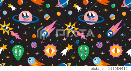 Seamless pattern with cute outer space elements. Cosmic background with funny cartoon characters, alien, planet, comet and stars. Trendy modern vector illustration, hand drawn, flat design Seamless pattern with cute outer space elements. Cosmic background with funny cartoon characters, alien, planet, comet and stars. Trendy modern vector illustration, hand drawn, flat design 115084412