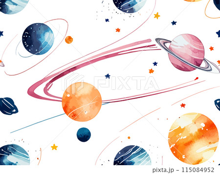 宇宙に浮かぶ惑星の水彩イラスト Generative AI 115084952