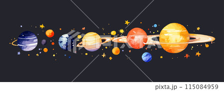 宇宙に浮かぶ惑星の水彩イラスト Generative AI 115084959