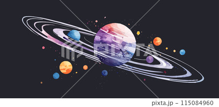 宇宙に浮かぶ惑星の水彩イラスト Generative AI 115084960