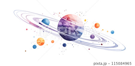宇宙に浮かぶ惑星の水彩イラスト Generative AI 115084965