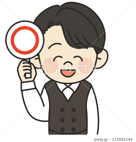 男性バリスタが丸の札を挙げているイラスト 115085144