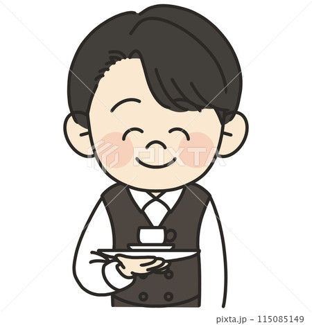 男性バリスタが笑顔でコーヒーカップを持っているイラスト 115085149