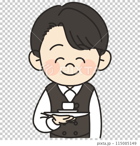 男性バリスタが笑顔でコーヒーカップを持っているイラスト 115085149