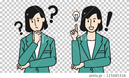 スーツ姿の女性が疑問を抱えるポーズと閃き解決するポーズ 115085316