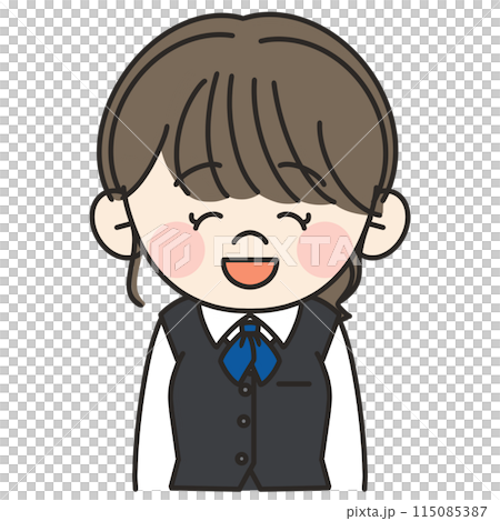 An illustration of a young office worker woman wearing a blue scarf and uniform smiling and facing forward An illustration of a young office worker woman wearing a blue scarf and uniform smiling and facing forward 115085387