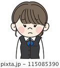 青いスカーフをつけて制服を着た若い事務員の女性が困った顔をしているイラスト 115085390