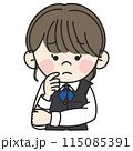 青いスカーフをつけて制服を着た若い事務員の女性が腕を挙げて困っているイラスト 115085391