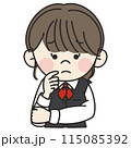 赤いスカーフをつけて制服を着た若い事務員の女性が腕を挙げて困っているイラスト 115085392