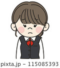赤いスカーフをつけて制服を着た若い事務員の女性が困った顔をしているイラスト 115085393