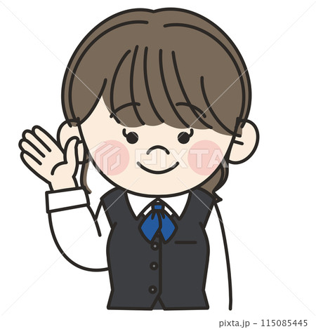 青いスカーフをつけて制服を着た若い事務員の女性が手を挙げているイラスト 115085445