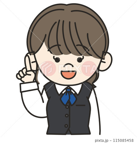 青いスカーフをつけて制服を着た若い事務員の女性が指差しポーズをして説明しているイラスト 115085458