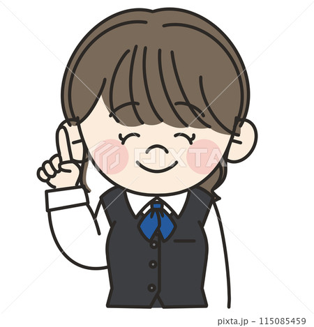 青いスカーフをつけて制服を着た若い事務員の女性が指差しポーズをしているイラスト 115085459