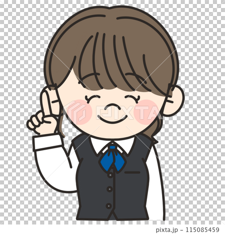 青いスカーフをつけて制服を着た若い事務員の女性が指差しポーズをしているイラスト 115085459