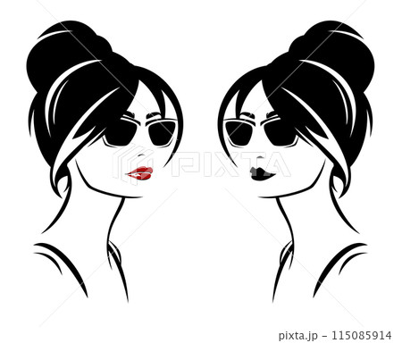 brunette woman with red lips, hairbun and sunglasses fashion portrait 115085914