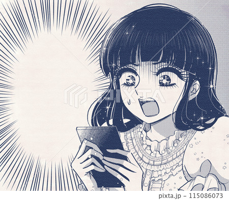 スマホを見て唖然とするレトロ漫画風のお姫様のイラスト 115086073