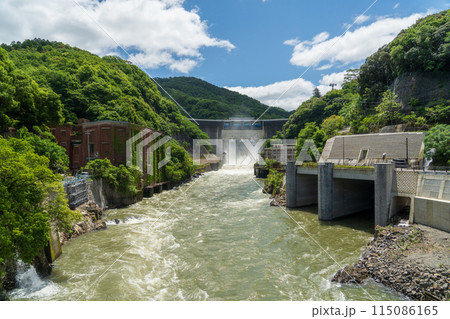 天ケ瀬ダムの放水　ダム　発電所　増水したダム 115086165