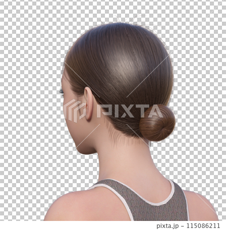 若い日本人女性の斜め後ろの3Dイラスト  上半身バストアップの後ろ姿 115086211