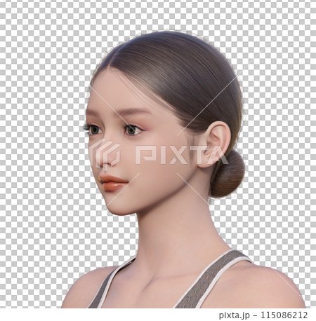 Diagonal sideways illustration of a young woman with her eyes open. Natural and cute Japanese 3D model, upper body face up 115086212