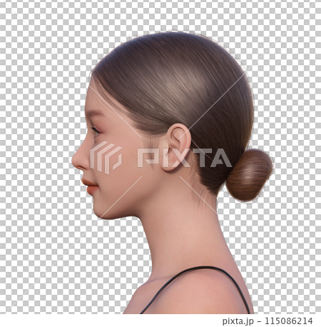 睜著眼睛的女人側面的 3D 插圖 自然可愛的 3D 模型的上半身 側臉特寫 115086214