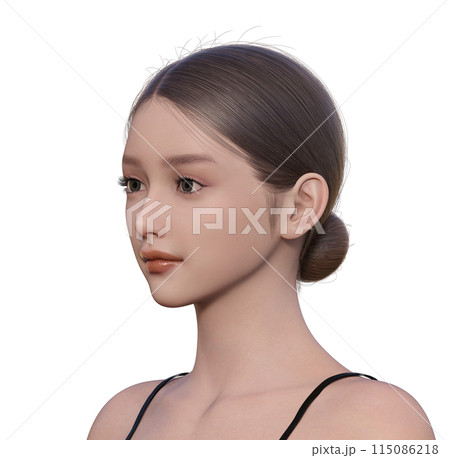 目を開けた女性の斜め横顔の3Dイラスト 若くかわいい3Dモデルの上半身 正面の顔アップ 115086218