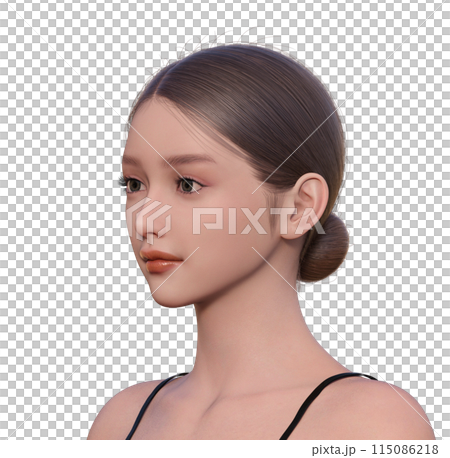 3D illustration of a woman's oblique profile with eyes open. Upper body of a young and cute 3D model. Frontal close-up of the face. 3D illustration of a woman's oblique profile with eyes open. Upper body of a young and cute 3D model. Frontal close-up of the face. 115086218