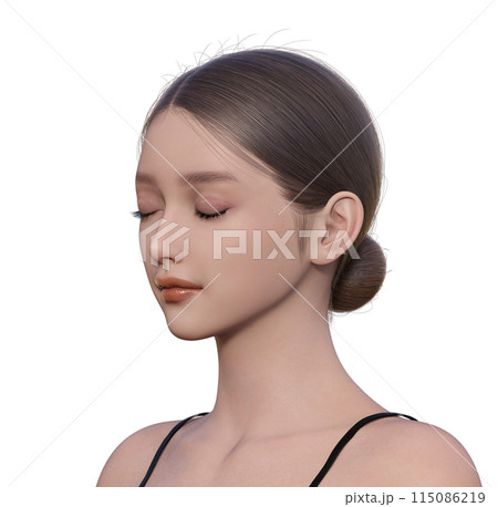 目を閉じた女性の斜め横顔の3Dイラスト 若くかわいい3Dモデルの上半身 正面の顔アップ 115086219