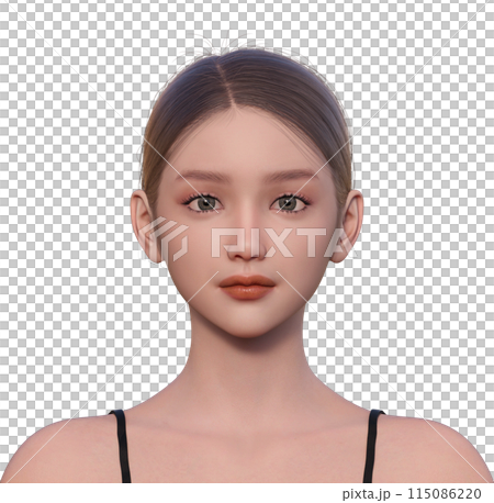3D illustration of a woman's profile with eyes open. Natural and cute 3D model upper body. Front face up. 3D illustration of a woman's profile with eyes open. Natural and cute 3D model upper body. Front face up. 115086220