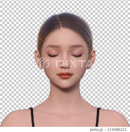 3D illustration of a woman's profile with eyes closed. Natural and cute 3D model upper body. Front face up. 115086221