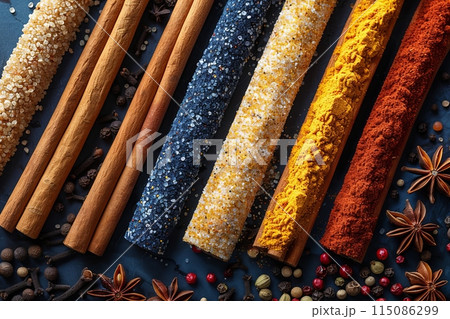 A Constellation of Spices: A collection of colorful spices, cinnamon sticks, star anise, red pepper flakes, and cloves, background of deep blue velvet. A Constellation of Spices: A collection of colorful spices, cinnamon sticks, star anise, red pepper flakes, and cloves, background of deep blue velvet. 115086299