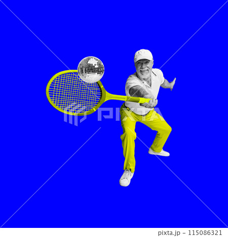 Positive smiling senior man playing tennis with disco ball against bright blue background. Hobby and leisure. Contemporary art collage. Positive smiling senior man playing tennis with disco ball against bright blue background. Hobby and leisure. Contemporary art collage. 115086321