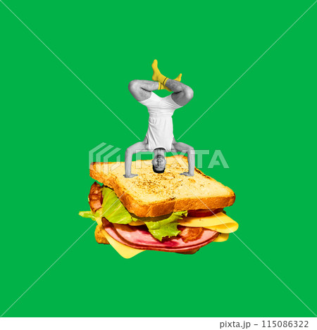 Man in sportswear training, standing on head on delicious sandwich against green background. Contemporary art collage. Man in sportswear training, standing on head on delicious sandwich against green background. Contemporary art collage. 115086322