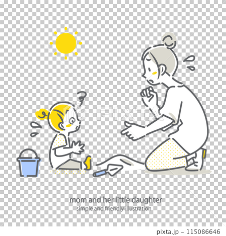 外遊び中に熱中症にかかった子供を心配するお母さん　シンプルでお洒落な線画イラスト 115086646