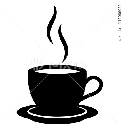 a cup of steaming tea or coffee on a saucer silhouette shape, black and white vector illustration of hot beverage a cup of steaming tea or coffee on a saucer silhouette shape, black and white vector illustration of hot beverage 115086952
