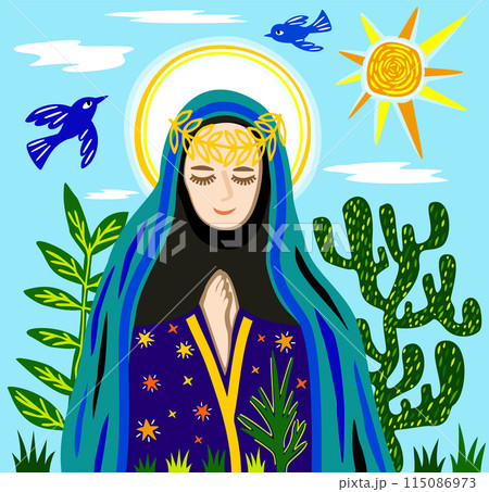 Our Lady. Brazilian cordel style. Northeast woodcut style. Virgin Mary vector Our Lady. Brazilian cordel style. Northeast woodcut style. Virgin Mary vector 115086973