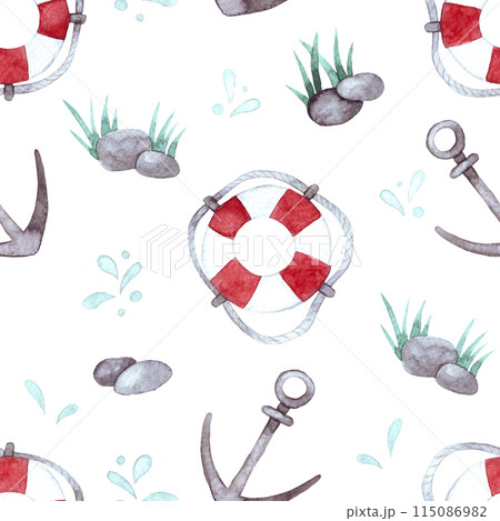 watercolor seamless pattern on a marine theme, with a lifebuoy and anchor. cute print for kids. 115086982