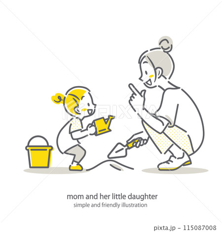 砂場で一緒に遊ぶお母さんと女の子　シンプルでお洒落な線画イラスト 115087008